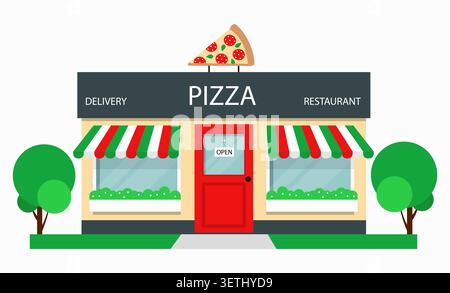 Pizza restaurant or pizzeria storefront illustration with trees. Isolated on white background. Vector design. Stock Vector