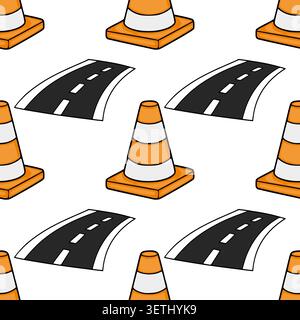 Seamless vector pattern of orange traffic cones and road segments on a white background Stock Vector