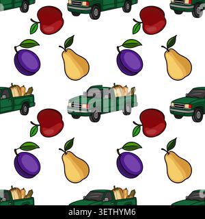 Seamless vector pattern of a green pickup truck loaded with pumpkins, apples, pears, and plums. Stock Vector