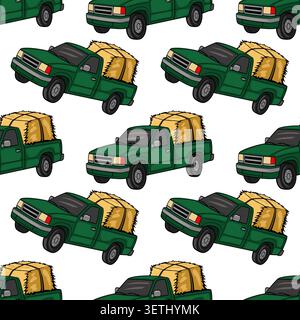 Seamless vector pattern of green pickup trucks carrying hay bales Stock Vector
