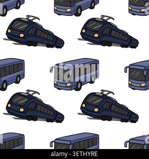 Seamless vector pattern of cartoon blue buses and trains on white background Stock Vector