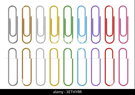 Colorful paper clips realistic vector with metal office stationery fasteners in silver, gold, yellow, green, blue, purple, red and pink for document o Stock Vector