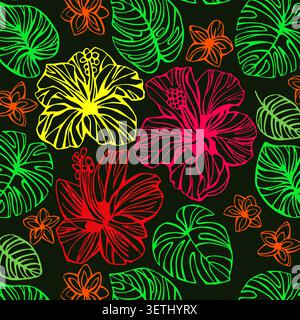 Modern colorful neon tropical pattern with flowers and leaves . Hand drawn unique print for wrapping paper, fabric print, wallpaper. Stock Vector