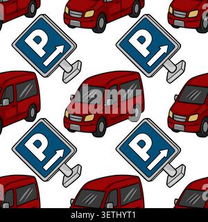Red van and parking sign seamless pattern vector illustration Stock Vector