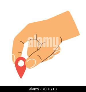 hand holding map pin location marker, navigation and GPS localization concept in doodle style - vector illustration Stock Vector