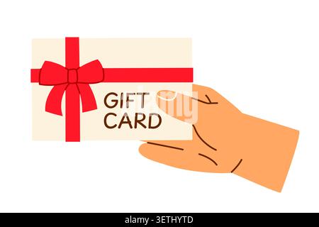 hand holding gift card with red ribbon, present voucher template for holidays, birthdays, celebrations, and special occasions- vector illustration Stock Vector
