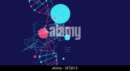 Abstract vector futuristic DNA helix structure with digital plexus network on dark background. Stock Vector
