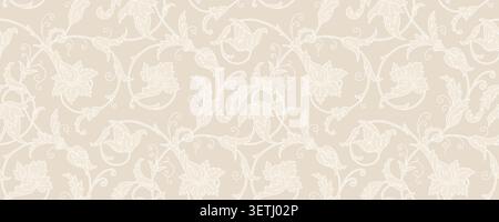 Elegant ivory beige floral vector pattern with chinoiserie motifs, vintage botanical blooms, and intricate traditional leaves for sophisticated textil Stock Vector
