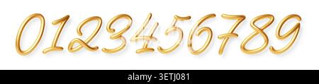 Shiny gold metallic numbers set balloon letters, elegant typography elements for celebration designs, isolated on white background Stock Vector
