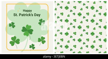 St Patrick Day Card with Lettering and Shamrocks and Seamless Pattern with clover leaves Collection. Ideal for invitations, packaging, stationery, branding or media post, seasonal holiday ad materials Stock Vector
