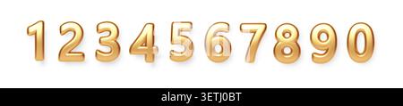 Metallic gold balloon numbers in 3D style, featuring glossy finish and realistic foil texture for sophisticated party decor and festive banners Stock Vector