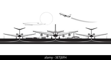 Passenger airplanes standing at airport – vector illustration Stock Vector