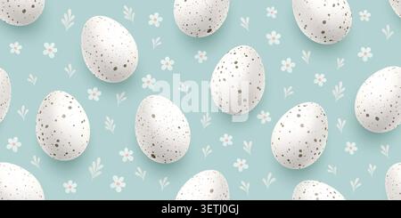 Blue Happy Easter background with realistic 3D eggs in seamless pattern. Vibrant spring design ideal for greeting cards, posters, and seasonal Stock Vector