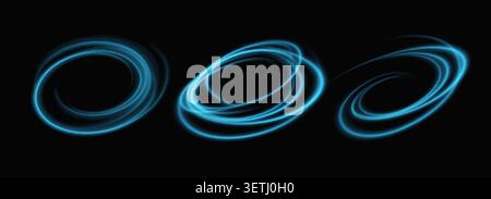 Radiant neon swirls with sparkling flares create dynamic circular motion, featuring luminous trails and energy beams on dark backdrop for modern Stock Vector