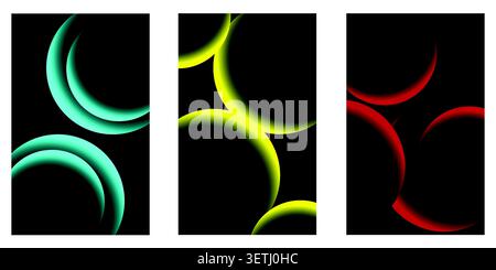 Abstract neon crescent curves in green, yellow and red glowing colors on black background, minimal modern digital art, vibrant luminous shapes design Stock Vector