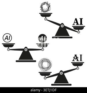Artificial intelligence balancing on scales concept vector. This graphic is perfect for tech blogs and ethical AI reports. EPS 10. Stock Vector
