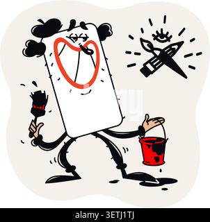 Witty vector illustration of a mobile phone painter with a brush and bucket. Vintage rubber hose style mascot for creative studios, art apps, and bran Stock Vector