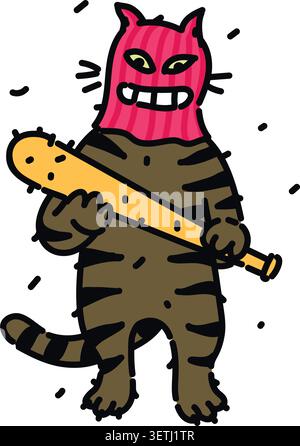 Edgy vector illustration of a tough tabby cat mascot holding a baseball bat. Gritty street style doodle for stickers, apparel design, and rebellious b Stock Vector