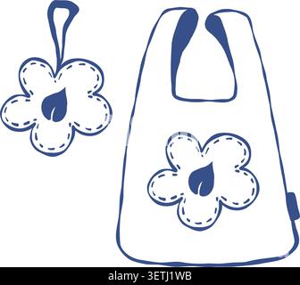Foldable Eco Bag Transformer. Reusable Flower Pouch and Shopping Tote. Sustainable Zero Waste Lifestyle Accessory. Vector Illustration. Outline Blue H Stock Vector
