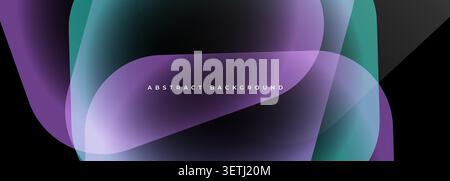 Modern abstract banner with overlapping translucent purple, teal, and black curved shapes on a dark background, creating a sleek layered design with Stock Vector