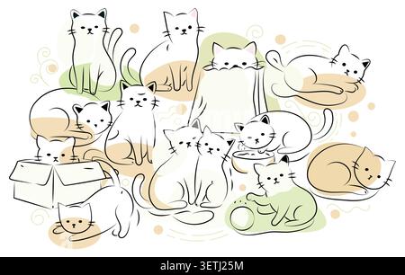 Adorable collection of cute cat illustrations featuring sleeping, lounging, cuddling, playing, and relaxing kittens in a clean minimalist line art sty Stock Vector