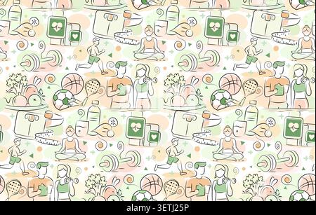 Hand drawing,Healthy lifestyle minimalist line art seamless pattern background,vector image Stock Vector