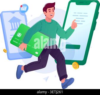Vector cartoon character making a quick contactless payment or account registration through phone app. Flat icon design with floating coins and messag Stock Vector