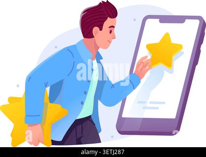 Man putting gold star rating on smartphone screen vector illustration. Mobile app feedback, customer review, digital rank ranking and online reputatio Stock Vector