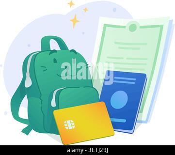 Cute kids green backpack with documents and bank card vector illustration. Child travel passport, student insurance certificate, youth banking and all Stock Vector