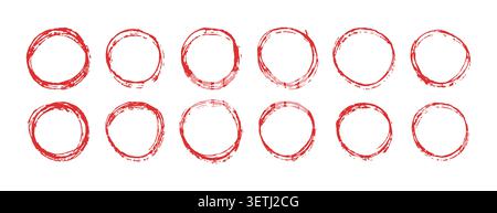 Retro badge or icon with red suns. Rough grunge brushstroke, and splatter texture. Minimalist scribble or swash design. Distressed stamp or ring Stock Vector
