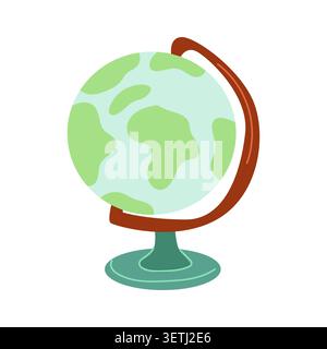 Illustration of a globe with green landmasses and blue oceans on a gray base, featuring a brown meridian ring for educational and decorative purposes Stock Vector
