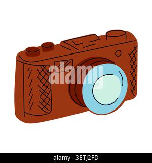 Illustration of a vintage-style camera with a brown body and a prominent lens, featuring textured grips and buttons, set against a plain background Stock Vector