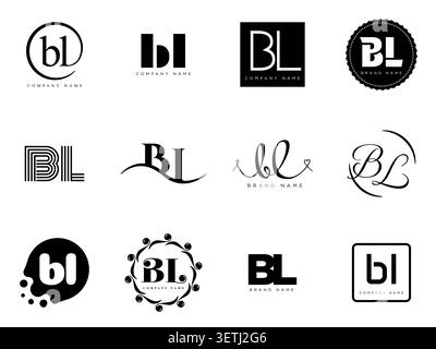 BL logo company template. Letter b and l logotype. Set different classic serif lettering and modern bold text with design elements. Initial font typog Stock Vector