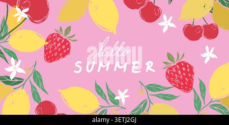 Summer fruit pattern with lemons, cherries, strawberries, and flowers Stock Vector