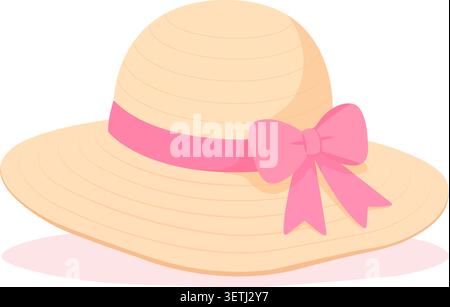 Elegant women straw sun hat with pink ribbon and bow isolated on white background. Flat vector illustration of summer beach accessory for fashion and Stock Vector