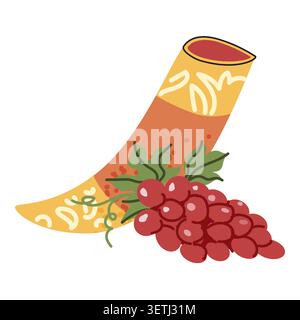 Cartoon Georgian cuisine elements composition in retro style. Beverage of Georgia: wine and grape. Georgian horn with wine. Flat vector illustration. Stock Vector