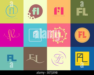 FL logo company template. Letter f and l logotype. Set different classic serif lettering and modern bold text with design elements. Initial font typog Stock Vector