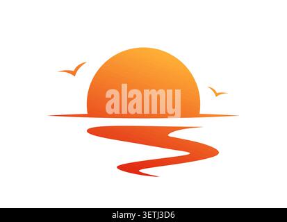 Sunset seascape icon orange sun, ocean reflection flying birds, minimalist nature landscape symbol peaceful horizon Stock Vector