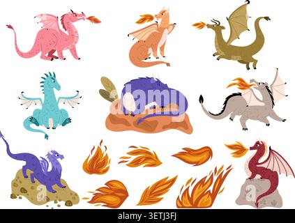 Fire breathing dragons. Cartoon mythical creatures. Flying fairytale reptiles. Horned and winged animals. Burning flame. Mythological lizard Stock Vector