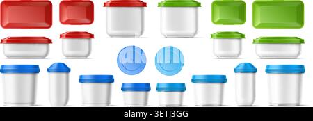 Designs for transparent food containers. Realistic plastic boxes with colored lids. Product storage pots front or top views. Round and square empty Stock Vector