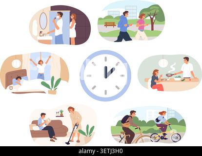 Daily life of happy couple. Everyday schedule depicted as clock face. Work and leisure timetable watch. People walk and sleep. Family life time Stock Vector