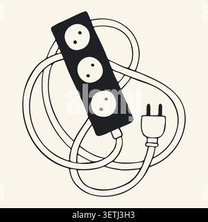 Hand drawn vector illustration of a power strip with three outlets and a long tangled cord. Simple black and white doodle of an electrical extension Stock Vector