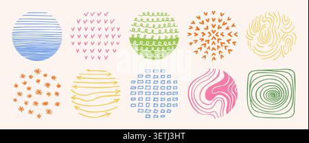 Hand drawn round abstract backgrounds simple patterns set. Doodle spots, drops brush strokes crayon curves lines scribble circle shapes. Trendy patterns for posters, social media colorful templates Stock Vector