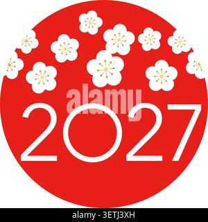 The Year 2027 New Year’s Greeting Symbol With The Red Rising Sun And White Plum Blossoms. Vector Illustration Isolated On A White Background. Stock Vector