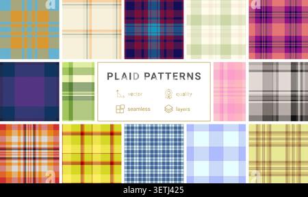 Plaid pattern pack tailored for Valentines and Womens Day styling. Coordinated tartan patterns fit cards, gift bags, and party decor. Seamless vector Stock Vector