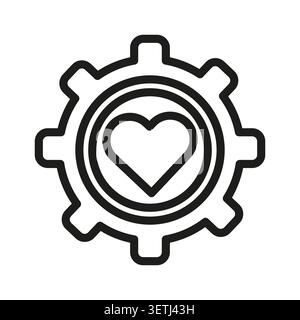 Heart gear setting wheel black vector icon features romantic mechanics outline. Health system optimization enhances emotional medical care technology. Stock Vector