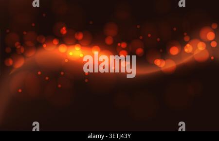 Elegant abstract background featuring warm orange and red glowing bokeh lights, floating particles, and a luminous energy wave on a dark backdrop. Stock Vector
