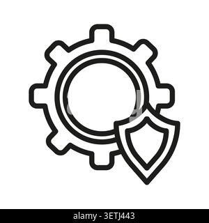 Shield gear protection wheel black vector icon features security mechanics line. System safety defense represents industrial firewall privacy settings Stock Vector