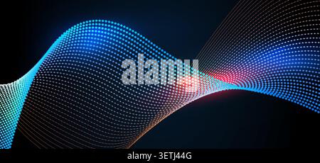 Futuristic dark technology background featuring a flowing digital wave made of luminous blue particles and connecting lines. Enhanced with a vibrant Stock Vector
