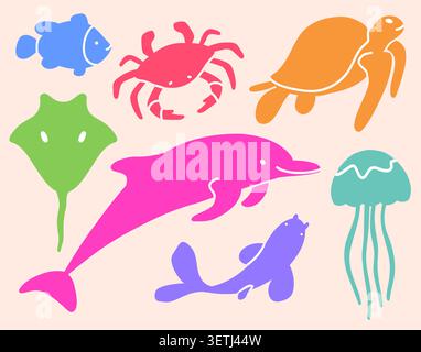 Cute colorful marine animals vector set Stock Vector